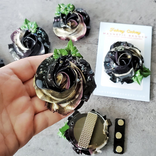 Rosette Icing Sculpture Magnetic Brooch Shades of Black