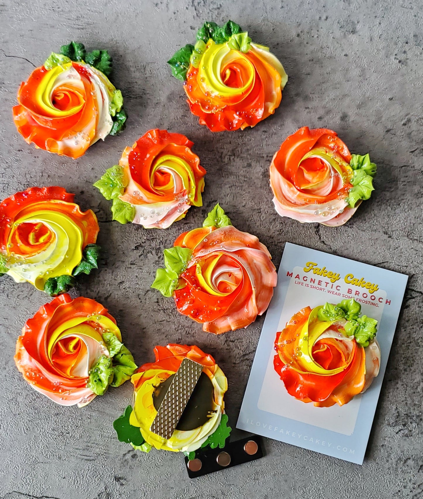 Rosette Icing Sculpture Magnetic Brooch Shades of Orange