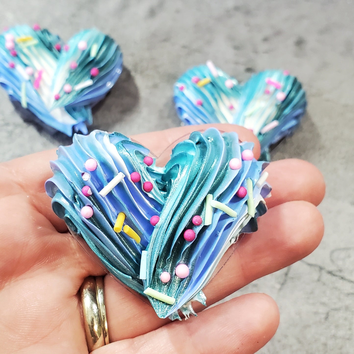 Buttercream Heart Sculpture Magnetic Brooch Shimmering Teal